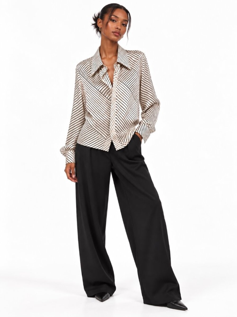 H&M satin button down blouse with the geometrical design white black sz L